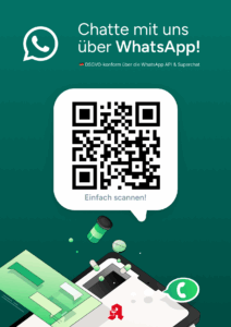 Text "Chatte mit uns über WhatsApp“ mit einem QR-Code zum WhatsApp-Link der Berthold Apotheke