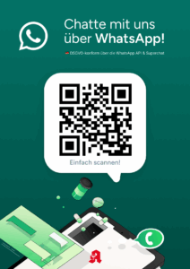 Text "Chatte mit uns über WhatsApp“ mit einem QR-Code zum WhatsApp-Link der Klosterring Apotheke