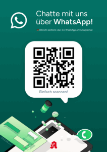 Text "Chatte mit uns über WhatsApp“ mit einem QR-Code zum WhatsApp-Link der Mozart Apotheke