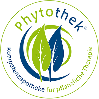 Phythothek®- Badge, runder Button mit stilisierten Pflanzenblättern in grün und blau