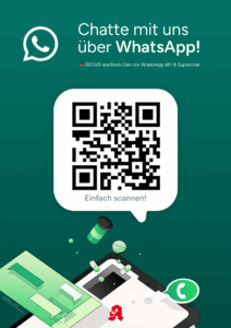 Text "Chatte mit uns über WhatsApp“ mit einem QR-Code zum WhatsApp-Link der Delta Apotheke