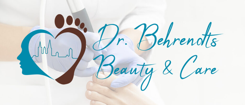 Logo Dr. Behrendts Beauty and Care, Stilisierter Kopf und Fuß, dahinter die Skyline von Villingen in den Logofarben hellblau und dunkelbraun