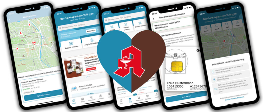 Logo Dr. Behrendts Apotheken-App: rotes "Deutsche-Apotheken"-Logo vor einem zweifarbigen Herz in hellblau und dunkelbraun, dahinter fünf Smartphone-Displays mit Screenshots der App