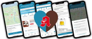 Logo Dr. Behrendts Apotheken-App: rotes "Deutsche-Apotheken"-Logo vor einem zweifarbigen Herz in hellblau und dunkelbraun, dahinter fünf Smartphone-Displays mit Screenshots der App