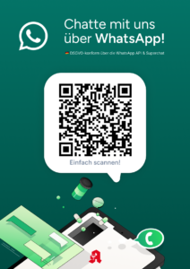 Text "Chatte mit uns über WhatsApp“ mit einem QR-Code zum WhatsApp-Link der Berthold Apotheke